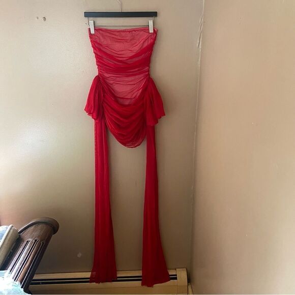 NWT Norma Kamali Strapless mini dress Bill Pickleball Bow Tiger Red Revolve XS - Picture 14 of 16